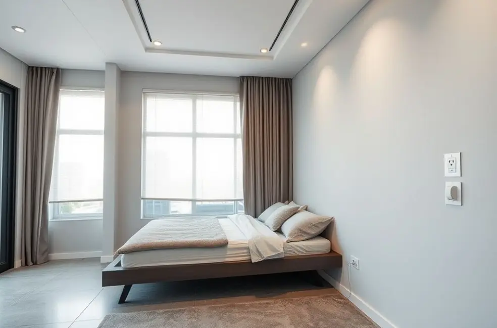 Sala moderna utilizando tomadas de superfície na decoração