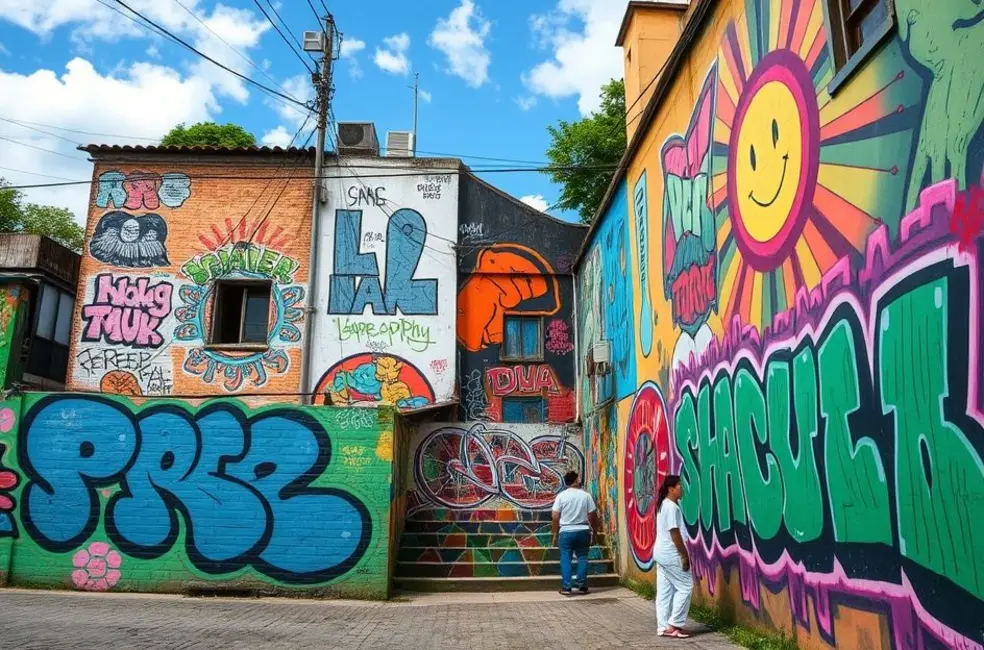 Vista da arte urbana em Blumenau com murais coloridos e engajamento comunitário.