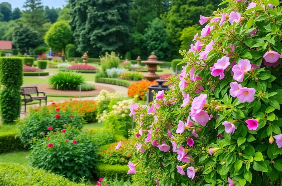 Jardim florido em Blumenau com foco em trepadeiras