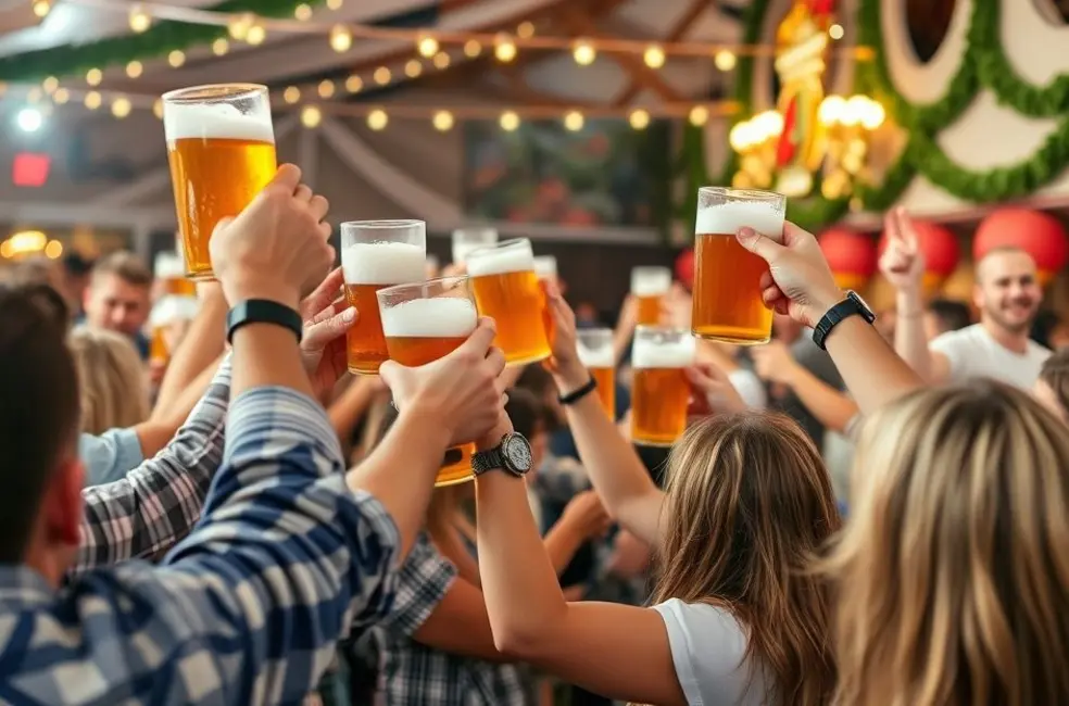 A atmosfera festiva da Oktoberfest com pessoas celebrando.