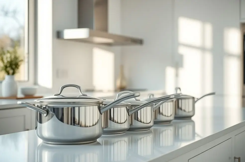 Imagem de uma cozinha limpa com panelas e frigideiras brilhantes