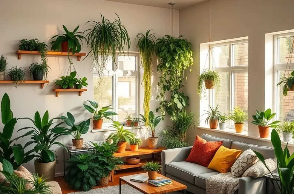Sala de estar decorada com plantas