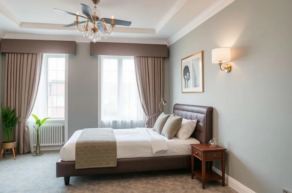 Quarto moderno com tomadas de superfície integradas à decoração.