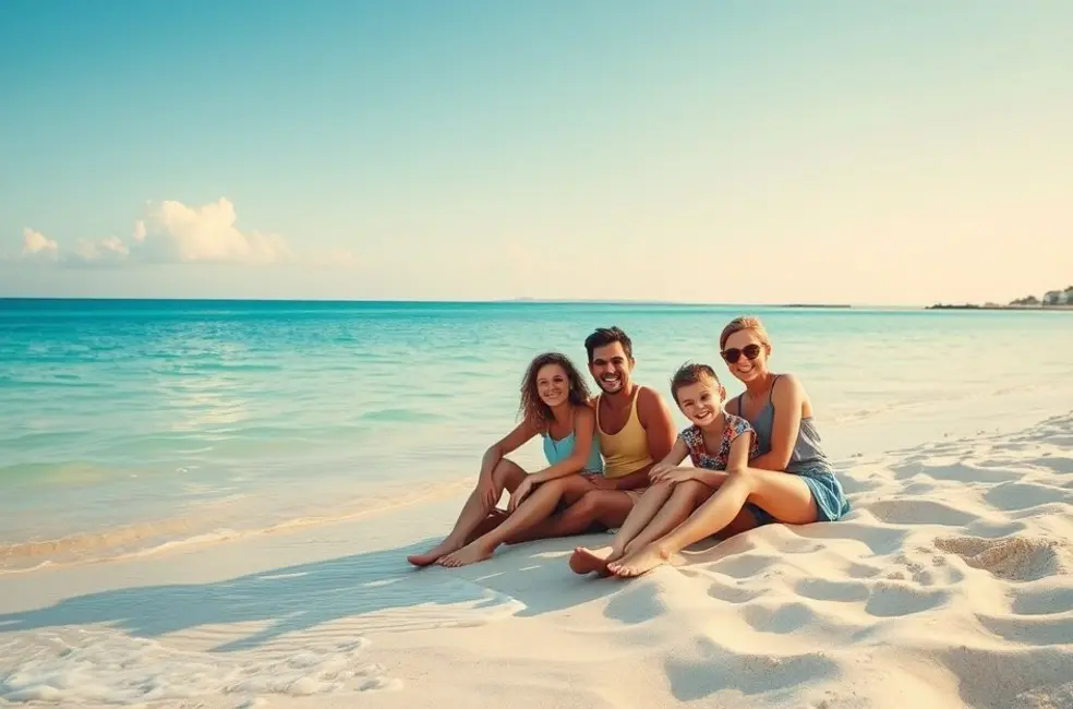 Família na praia durante férias com segurança em casa.