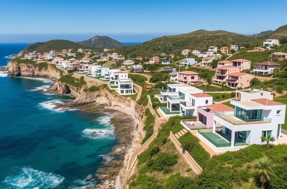 Vista impressionante do litoral de Santa Catarina com imóveis compactos.