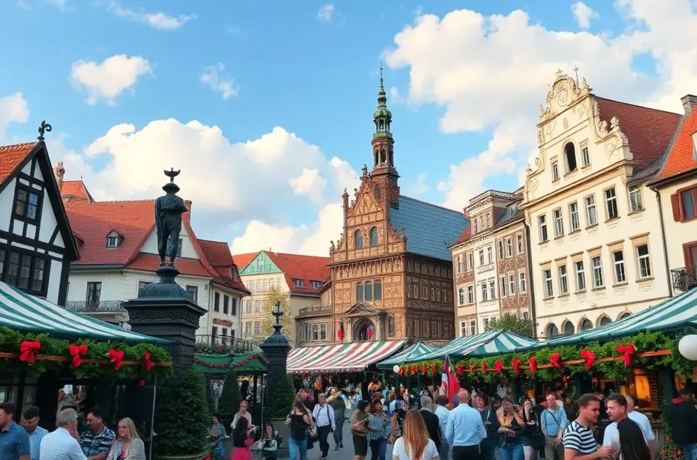 Vista cênica de Munique durante a Oktoberfest, com decorações vibrantes e pessoas se divertindo.