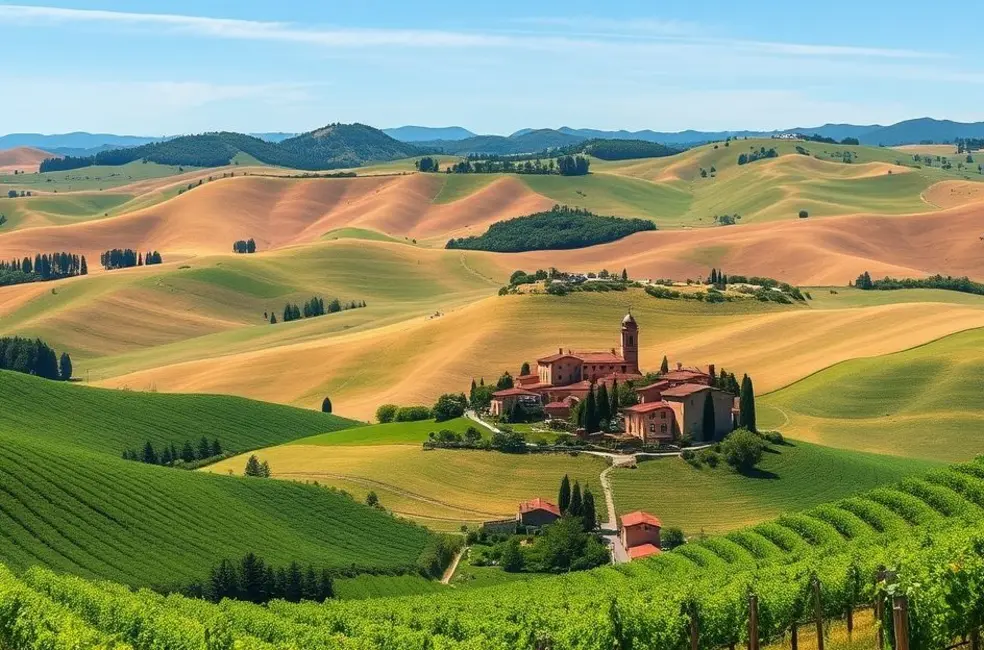 Uma linda paisagem toscana com colinas ondulantes e vinhedos
