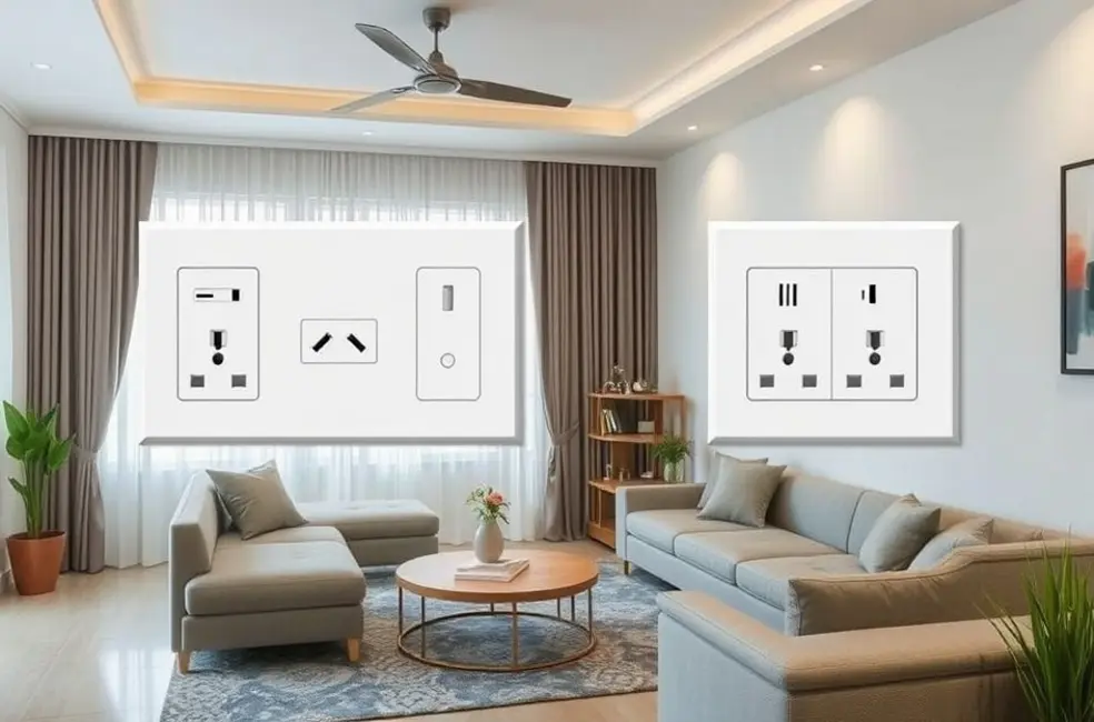 Decoração com tomadas de superfície em uma sala de estar moderna.