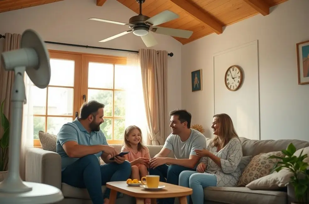 Família desfrutando do conforto proporcionado por um ventilador em casa
