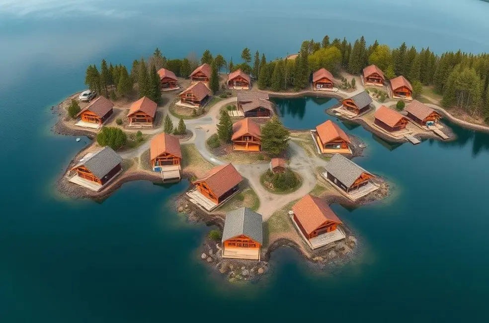 Vista aérea de chalés A-Frame ao redor de um lago
